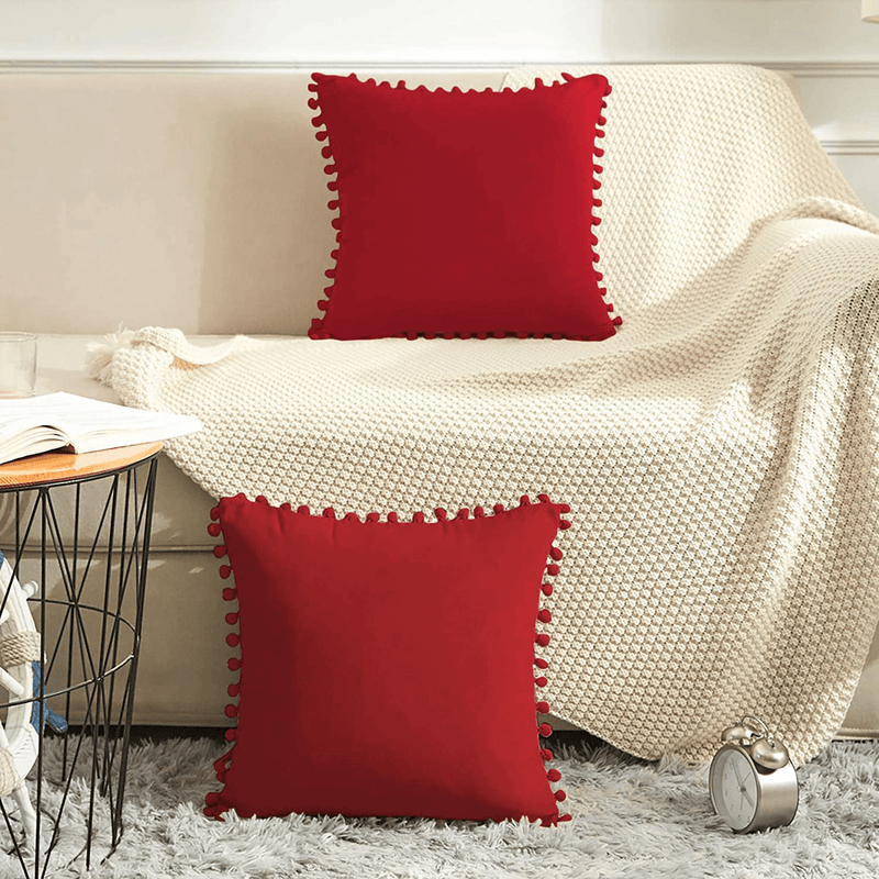 Beben Decorative Valentine'S Day Throw Pillow Covers with Pom Poms, Pack of 2 Soft Particles Velvet Pillow Cases Square Cushion Covers for Couch Bedroom Car Sofa Outdoors 20X20 Red Home & Garden > Decor > Chair & Sofa Cushions BeBen   