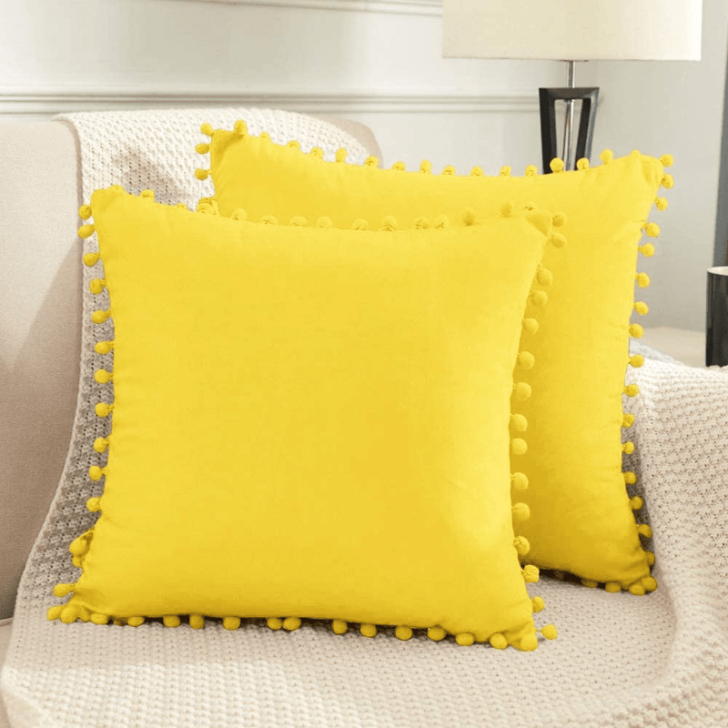 Beben Decorative Valentine'S Day Throw Pillow Covers with Pom Poms, Pack of 2 Soft Particles Velvet Pillow Cases Square Cushion Covers for Couch Bedroom Car Sofa Outdoors 20X20 Red Home & Garden > Decor > Chair & Sofa Cushions BeBen Bright Yellow 20''x20'' 