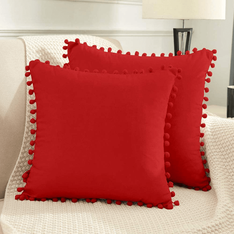 Beben Decorative Valentine'S Day Throw Pillow Covers with Pom Poms, Pack of 2 Soft Particles Velvet Pillow Cases Square Cushion Covers for Couch Bedroom Car Sofa Outdoors 20X20 Red Home & Garden > Decor > Chair & Sofa Cushions BeBen Red 16''x16'' 