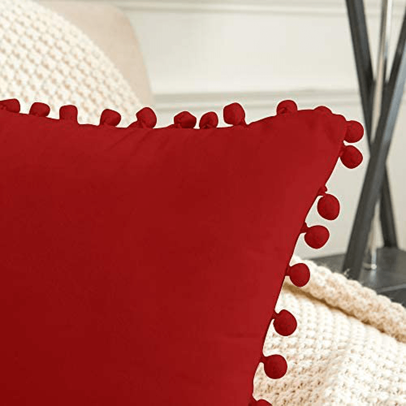 Beben Decorative Valentine'S Day Throw Pillow Covers with Pom Poms, Pack of 2 Soft Particles Velvet Pillow Cases Square Cushion Covers for Couch Bedroom Car Sofa Outdoors 20X20 Red Home & Garden > Decor > Chair & Sofa Cushions BeBen   
