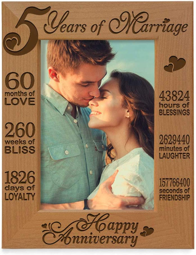 KATE POSH - 5 Years of Marriage Photo Frame - Happy 5Th Wood - Engraved Natural Solid Wood Picture Frame (5X7-Horizontal) Home & Garden > Decor > Picture Frames Kate Posh 4x6-Vertical (Happy Anniversary)  