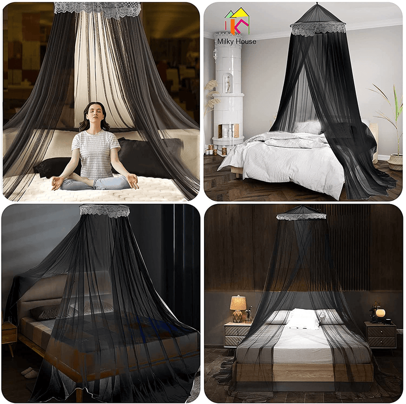 Bed Canopy Mosquito Net, King Size Sheer Bed Canopy Curtains Nets, Hanging Canopy Drapes for Single to King Size Beds, Dome round Hoop Canopy Curtain Netting for Adult Princess Bed Hammock Crib, Black Sporting Goods > Outdoor Recreation > Camping & Hiking > Mosquito Nets & Insect Screens Milky House   