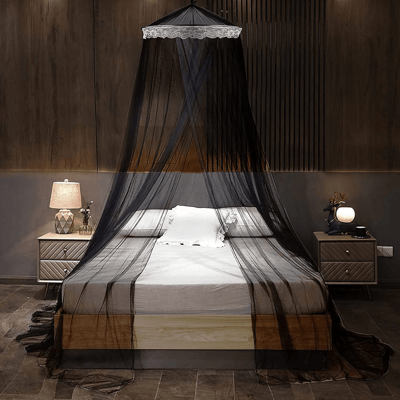 Bed Canopy Mosquito Net, King Size Sheer Bed Canopy Curtains Nets, Hanging Canopy Drapes for Single to King Size Beds, Dome round Hoop Canopy Curtain Netting for Adult Princess Bed Hammock Crib, Black
