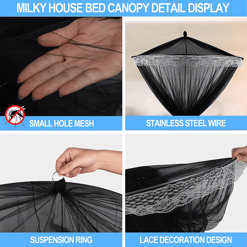 Bed Canopy Mosquito Net, King Size Sheer Bed Canopy Curtains Nets, Hanging Canopy Drapes for Single to King Size Beds, Dome round Hoop Canopy Curtain Netting for Adult Princess Bed Hammock Crib, Black