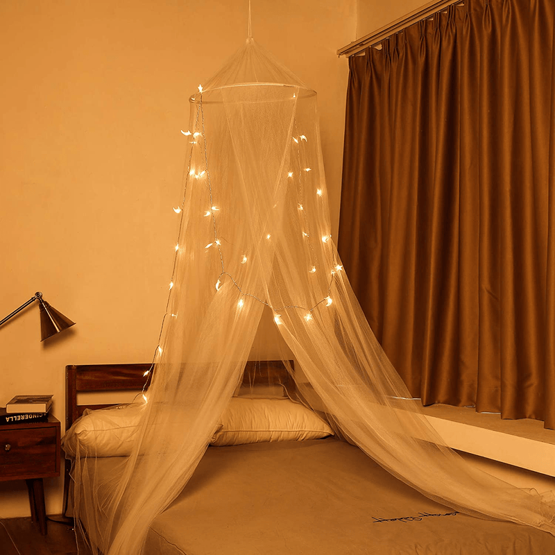 Bed Canopy Mosquito Net, Moon and Star String Light and Ceiling Hanger for Baby, Kids or Adults, Covering Baby Crib, Kid Bed, Girls Bed or Full Size Bed (White)
