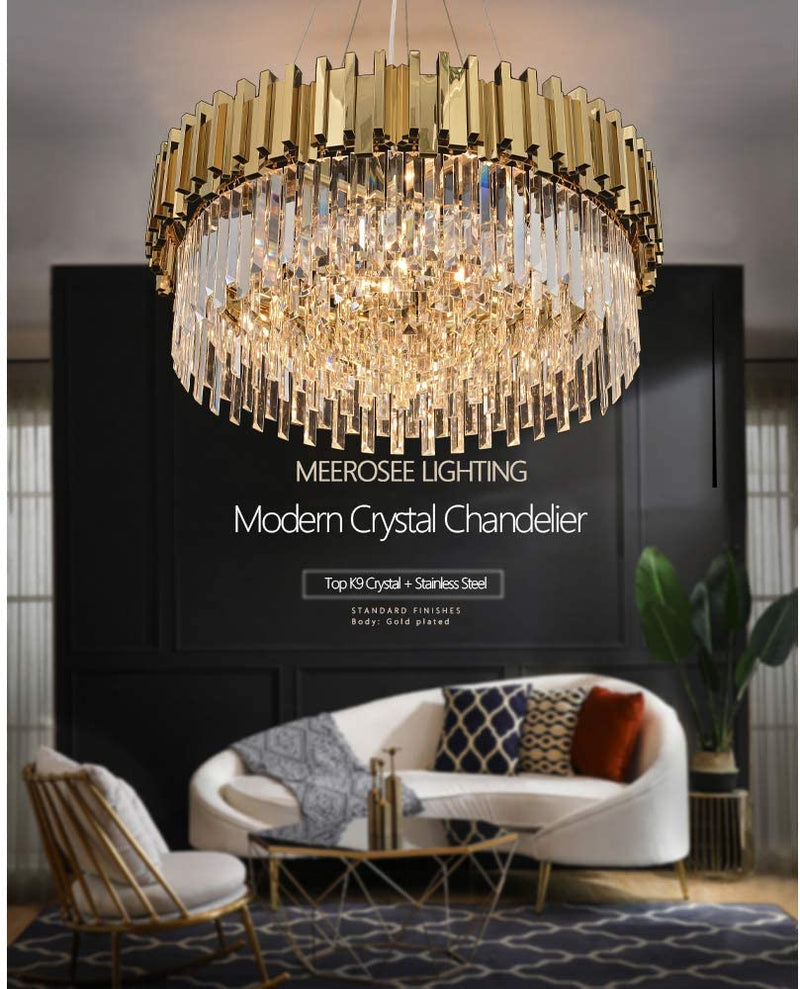 MEEROSEE Gold Chandelier Lighting Crystal Chandeliers Pendant Lights Fixture with Stainless Steel Shade Island Chandeliers Ceiling Dining Room Living Room Contemporary Kitchen Dimmable 12-Lights Home & Garden > Lighting > Lighting Fixtures > Chandeliers MEEROSEE Lighting   