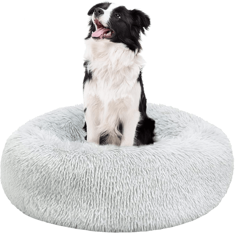BEDELITE Dog Bed Cat Bed - round Dog Bed in Soft Faux Fur Pet Bed, Donut Calming Dog Bed & Cat Bed for Small Medium Dog & Cat 20/23/30 Inches Fit up to 15/25/45LBS (Grey, Blue, Brown) Washable Animals & Pet Supplies > Pet Supplies > Dog Supplies > Dog Beds BEDELITE Grey 30x30 inches 