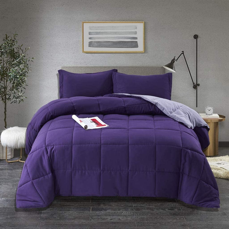 Bedream 3 Pieces Reversible Box Stitched down Alternative Comforter - Quilted Design - All Season Duvet Insert or Stand-Alone - 4 Corner Tabs - Breathable(C1) (Chocolate, Queen) Home & Garden > Linens & Bedding > Bedding > Quilts & Comforters Bedream Purple Twin 