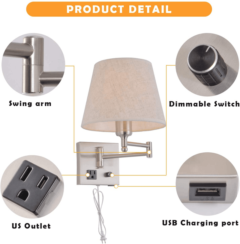 Bedside Wall Mount Light with Dimmable Switch and Outlet, Swing Arm Fabric Shade Wall Sconce Light with USB Port and Plug in Cord, Satin Nickel Wall Lamp for Bedroom, Living Room and Hotel