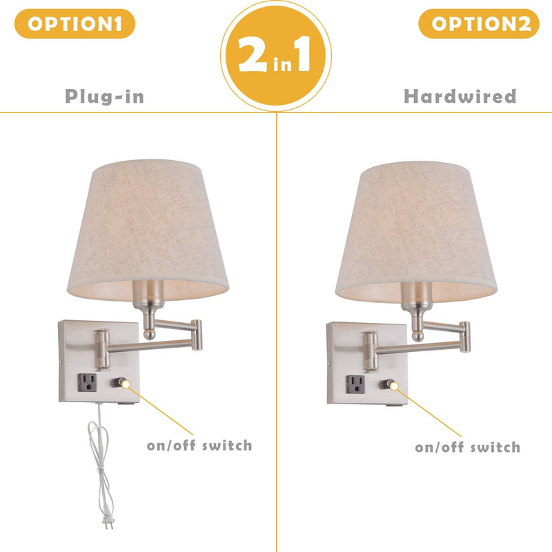Bedside Wall Mount Light with Dimmable Switch and Outlet, Swing Arm Fabric Shade Wall Sconce Light with USB Port and Plug in Cord, Satin Nickel Wall Lamp for Bedroom, Living Room and Hotel