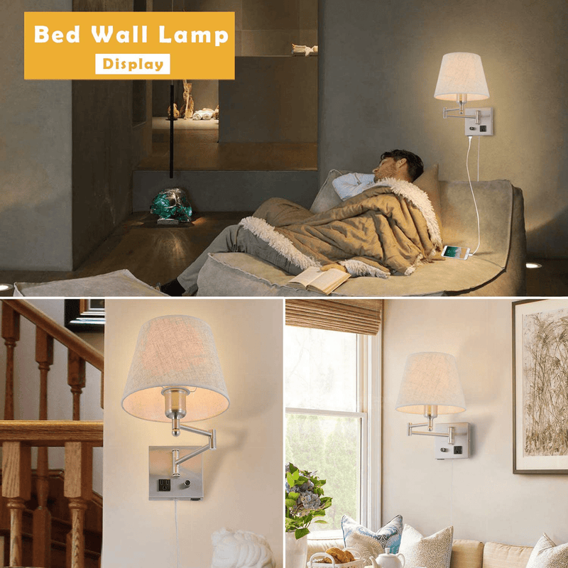 Bedside Wall Mount Light with Dimmable Switch and Outlet, Swing Arm Fabric Shade Wall Sconce Light with USB Port and Plug in Cord, Satin Nickel Wall Lamp for Bedroom, Living Room and Hotel Home & Garden > Lighting > Lighting Fixtures > Wall Light Fixtures KOL DEALS   