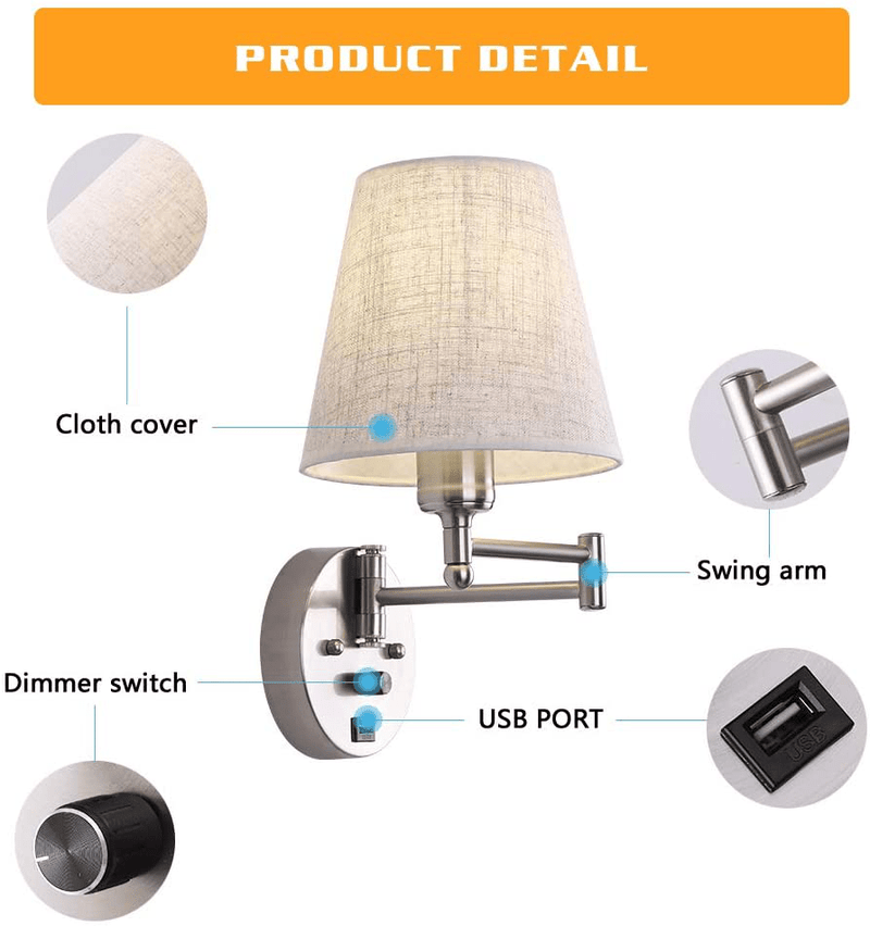 Bedside Wall Mount Light with Dimmable Switch and USB Port, Swing Arm Fabric Shade Wall Sconce Light with Plug in Cord, Wall Lamp Perfect for Bedroom, Living Room and Hotel