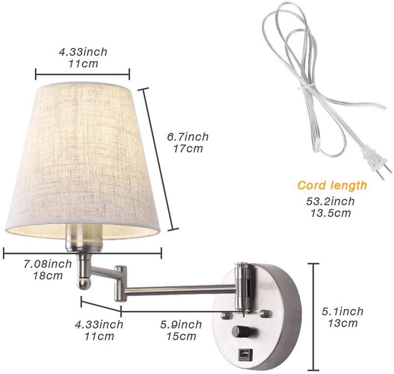 Bedside Wall Mount Light with Dimmable Switch and USB Port, Swing Arm Fabric Shade Wall Sconce Light with Plug in Cord, Wall Lamp Perfect for Bedroom, Living Room and Hotel Home & Garden > Lighting > Lighting Fixtures > Wall Light Fixtures KOL DEALS   
