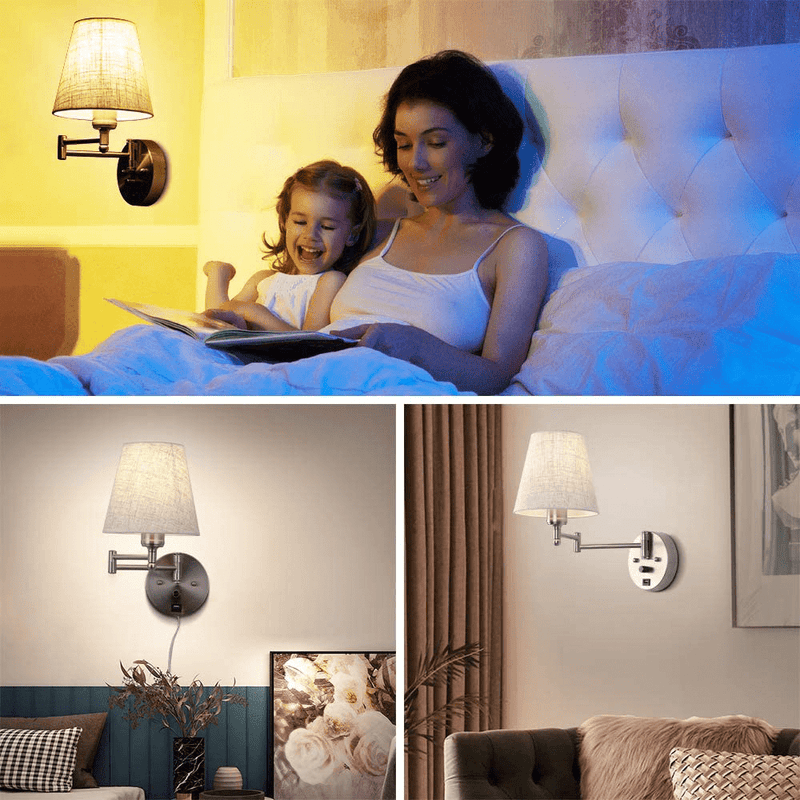 Bedside Wall Mount Light with Dimmable Switch and USB Port, Swing Arm Fabric Shade Wall Sconce Light with Plug in Cord, Wall Lamp Perfect for Bedroom, Living Room and Hotel
