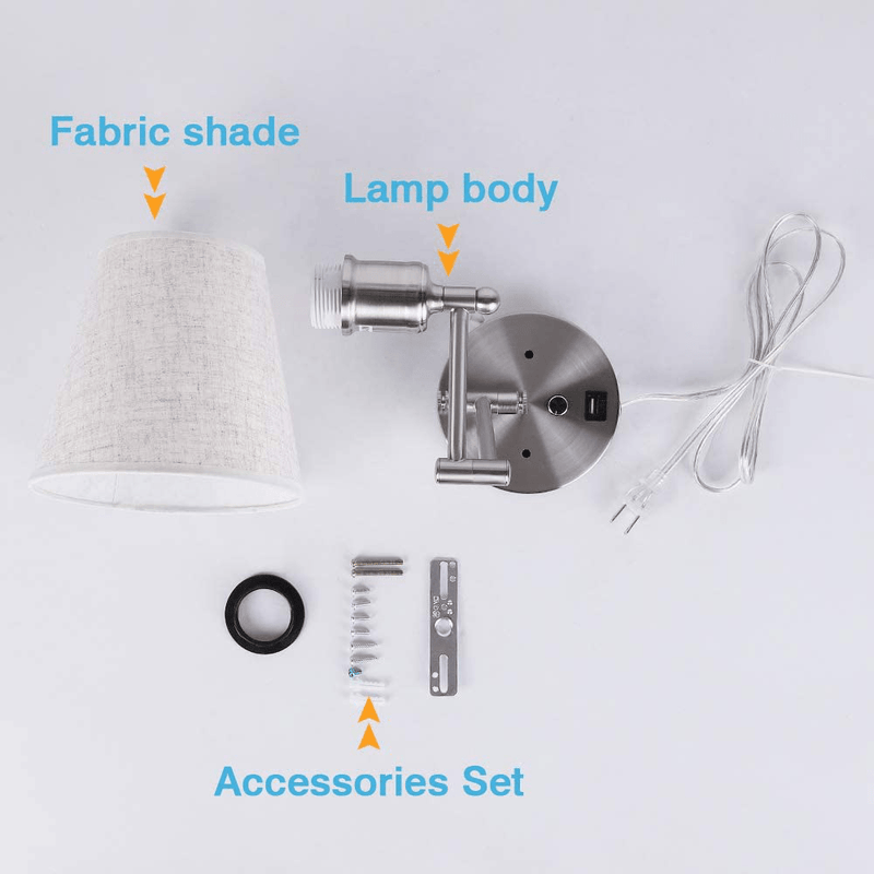 Bedside Wall Mount Light with Dimmable Switch and USB Port, Swing Arm Fabric Shade Wall Sconce Light with Plug in Cord, Wall Lamp Perfect for Bedroom, Living Room and Hotel Home & Garden > Lighting > Lighting Fixtures > Wall Light Fixtures KOL DEALS   