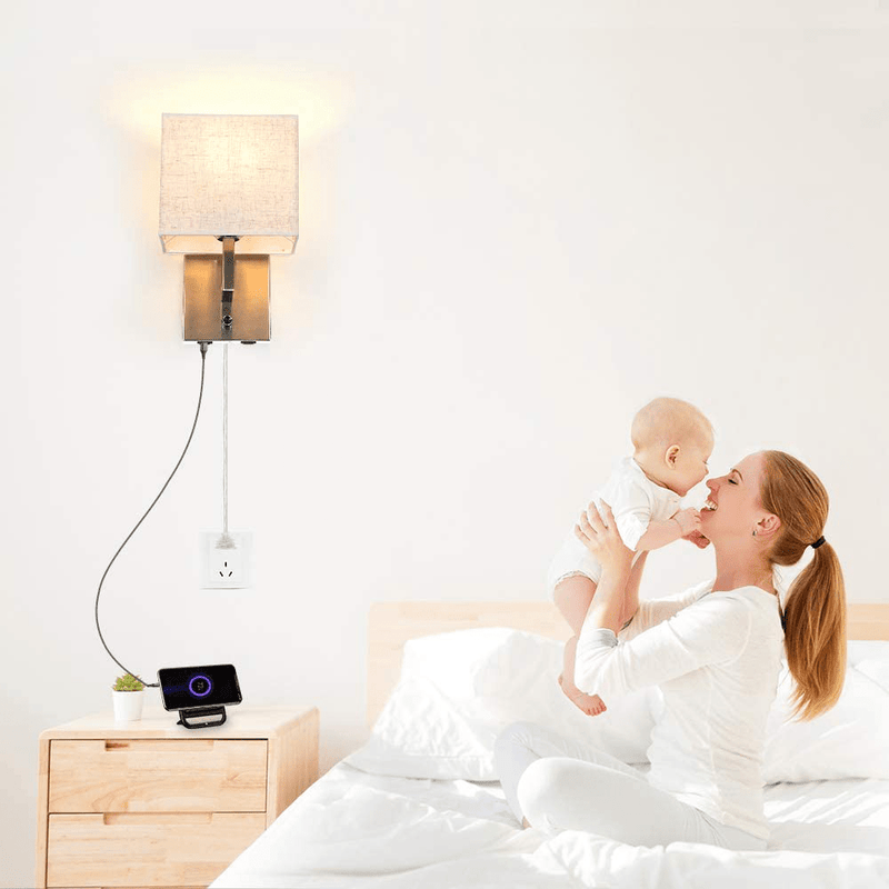 Bedside Wall Mount Light with Dimmer Switch and Two USB Charging Port,Fabric Linen Shade Wall Sconces Light with Plug in Cord and Satin Nickel Finish, Perfect for Bedroom, Living Room and Hotel Home & Garden > Lighting > Lighting Fixtures > Wall Light Fixtures KOL DEALS   