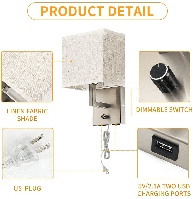 Bedside Wall Mount Light with Dimmer Switch and Two USB Charging Port,Fabric Linen Shade Wall Sconces Light with Plug in Cord and Satin Nickel Finish, Perfect for Bedroom, Living Room and Hotel