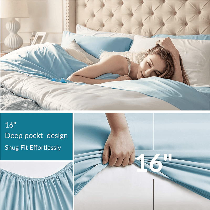 Bedsure 100% Bamboo Sheets Set King Blue - Cooling Bamboo Bed Sheets for King Size Bed with Deep Pocket 4PCS Home & Garden > Linens & Bedding > Bedding Bedsure   