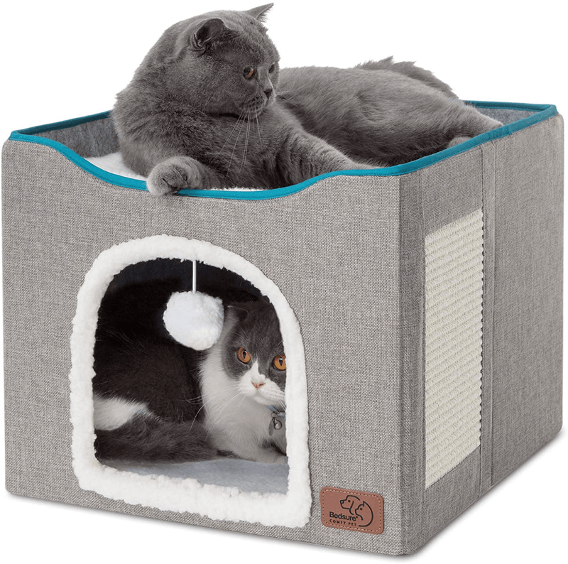 Bedsure Cat Beds for Indoor Cats - Large Cat Cave for Pet Cat House with Fluffy Ball Hanging and Scratch Pad, Foldable Cat Hidewawy,16.5X16.5X14 Inches Animals & Pet Supplies > Pet Supplies > Cat Supplies > Cat Beds Bedsure Grey  