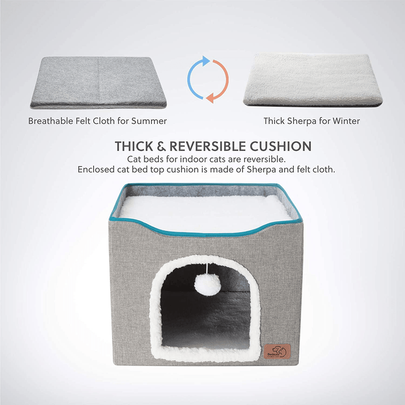 Bedsure Cat Beds for Indoor Cats - Large Cat Cave for Pet Cat House with Fluffy Ball Hanging and Scratch Pad, Foldable Cat Hidewawy,16.5X16.5X14 Inches