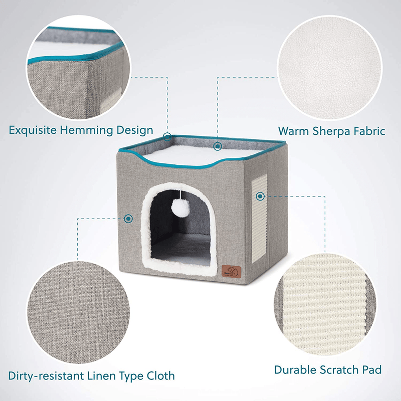 Bedsure Cat Beds for Indoor Cats - Large Cat Cave for Pet Cat House with Fluffy Ball Hanging and Scratch Pad, Foldable Cat Hidewawy,16.5X16.5X14 Inches