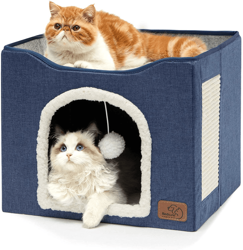 Bedsure Cat Beds for Indoor Cats - Large Cat Cave for Pet Cat House with Fluffy Ball Hanging and Scratch Pad, Foldable Cat Hidewawy,16.5X16.5X14 Inches Animals & Pet Supplies > Pet Supplies > Cat Supplies > Cat Beds Bedsure Blue  