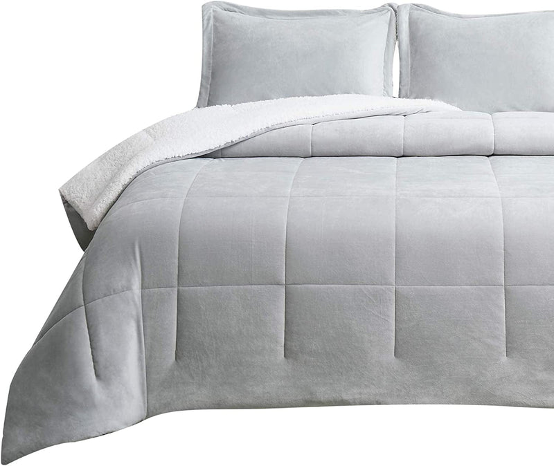Bedsure Luxurious Micromink Sherpa Light Grey Queen Comforter Set 3 Pieces - (1 Comforter 88X88 and 2 Pillowshams), Reversible down Alternative Comforter, Machine Washable