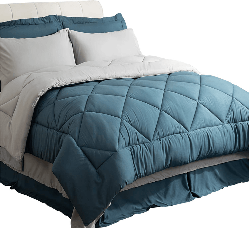 Bedsure Queen Bed in A Bag - 8 Pieces Reversible Bedding Sets, Bed Sets Queen with Comforter and Sheets, Grey Bedding Comforter Sets Home & Garden > Linens & Bedding > Bedding Bedsure Blue Twin 