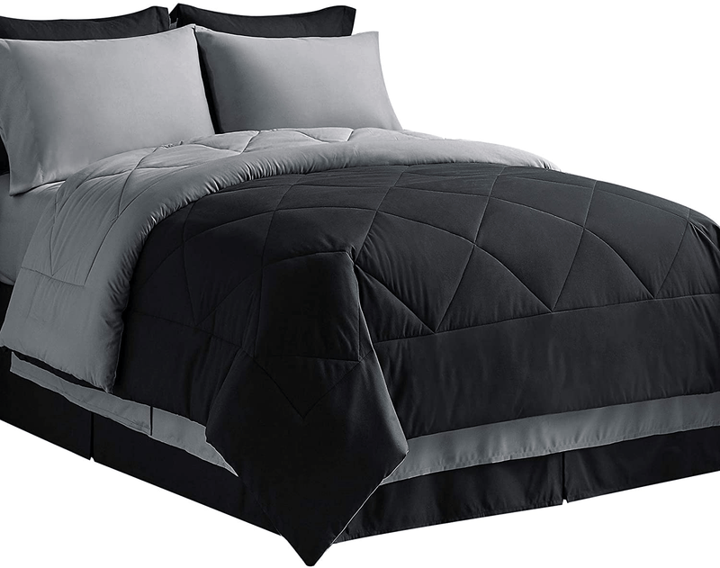Bedsure Queen Bed in A Bag - 8 Pieces Reversible Bedding Sets, Bed Sets Queen with Comforter and Sheets, Grey Bedding Comforter Sets Home & Garden > Linens & Bedding > Bedding Bedsure Black Twin 