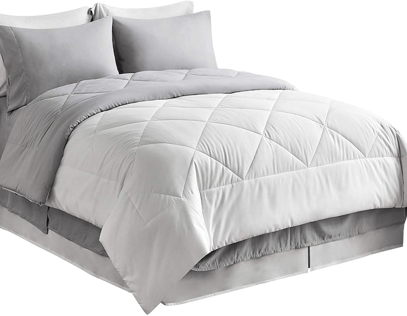 Bedsure Queen Bed in A Bag - 8 Pieces Reversible Bedding Sets, Bed Sets Queen with Comforter and Sheets, Grey Bedding Comforter Sets Home & Garden > Linens & Bedding > Bedding Bedsure White Twin 