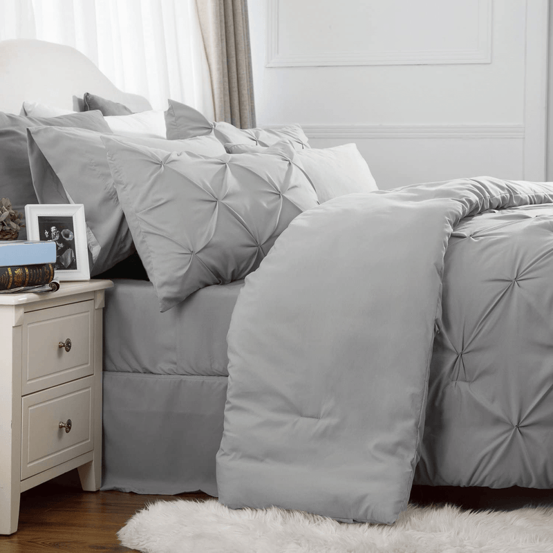 Bedsure Queen Comforter Set - Bed in A Bag 8 Pieces , Pinch Pleat Grey Bedding Comforter Set for Queen Bed with Sheets Home & Garden > Linens & Bedding > Bedding Bedsure   