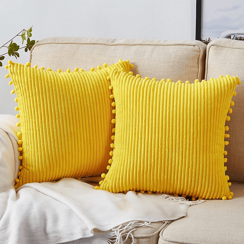 Bedwin 2Pcs 18X18 Yellow Throw Pillow Covers for Couch, Striped Corduroy Soft Decorative Pillow Covers with Pom Poms, Farmhouse Outdoor Cushion Covers for Sofa Bedroom