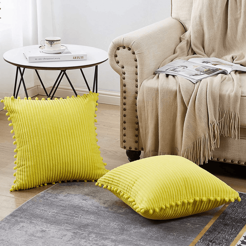 Bedwin 2Pcs 18X18 Yellow Throw Pillow Covers for Couch, Striped Corduroy Soft Decorative Pillow Covers with Pom Poms, Farmhouse Outdoor Cushion Covers for Sofa Bedroom Home & Garden > Decor > Chair & Sofa Cushions Bedwin   