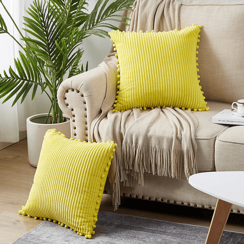 Bedwin 2Pcs 18X18 Yellow Throw Pillow Covers for Couch, Striped Corduroy Soft Decorative Pillow Covers with Pom Poms, Farmhouse Outdoor Cushion Covers for Sofa Bedroom Home & Garden > Decor > Chair & Sofa Cushions Bedwin   