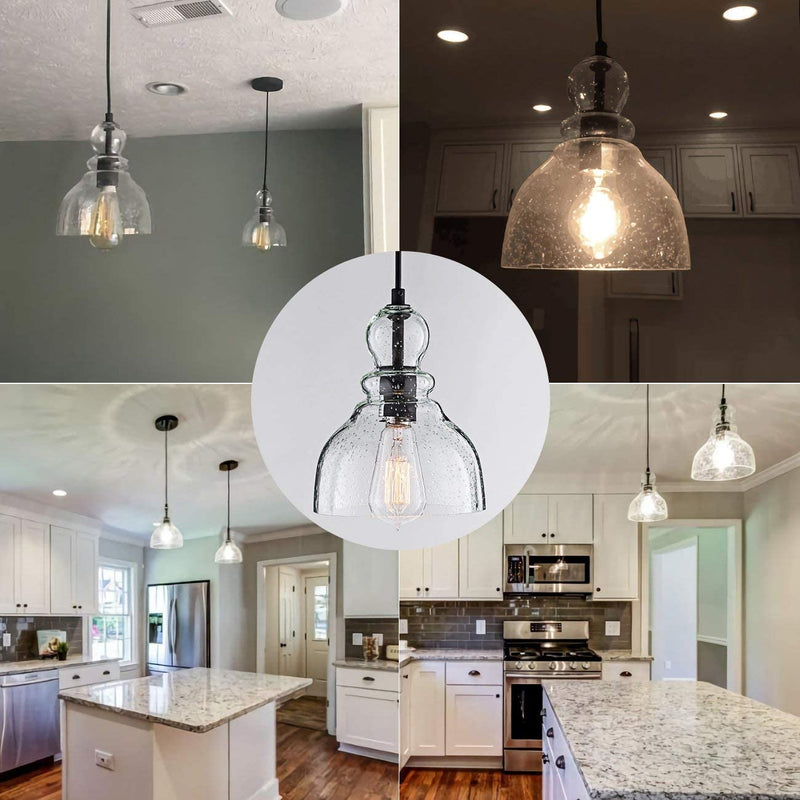 LANROS Farmhouse Kitchen Pendant Lighting with Handblown Clear Seeded Glass Shade, Adjustable Cord Mini Ceiling Light Fixture for Kitchen Island Sink, Matte Black Finish, 7Inch, 1 Pack