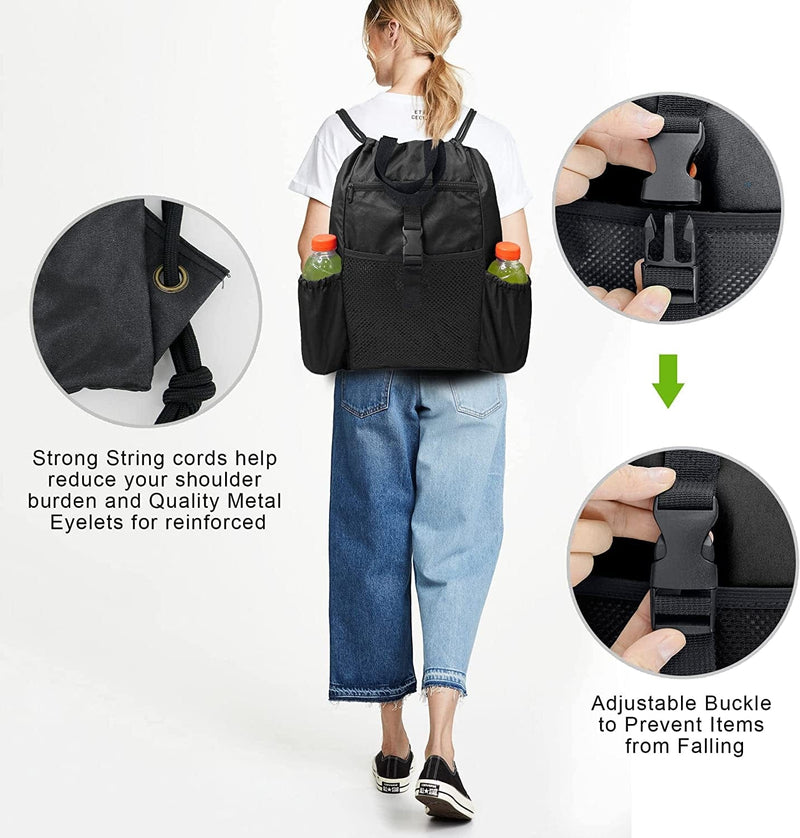 Beegreen Black Backpack Drawstring Backpack 15.75"L X 19.5"H with Inner Pocket for Boys Girls, Sling Backpack with Front Zipper Pockets & Mesh Pockets String Sackpack Washable for Sports Yoga Home & Garden > Household Supplies > Storage & Organization BeeGreen   