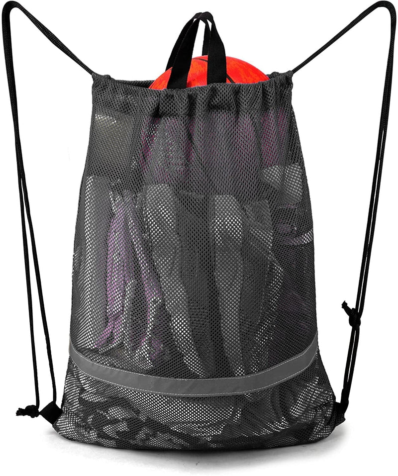 Beegreen Mesh Drawstring Bag with Zipper Pocket Beach Bag for Swimming Gear Backpack Reflective Large Bag Fins for Adults Boys Girls Sports Football Soccer Washable Foldable Bag Black Large Black