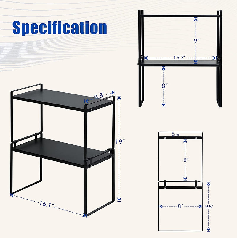 Beeloving 2Pack Stackable Cabinet Shelf Organizer Storage Rack for Countertop Desk Kitchen Bathroom Pantry Cupboard Home Office for Spice Dish Cup Bottle Pot Metal Plate Heavy Duty Nonslip Black Large