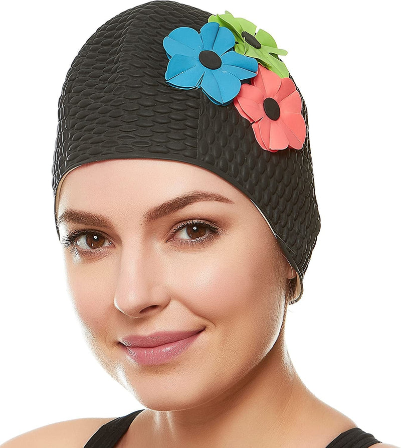 BEEMO Swim Bathing Caps for Women Latex Swim Hat Triple Flowers Long/Short Hair Sporting Goods > Outdoor Recreation > Boating & Water Sports > Swimming > Swim Caps Beemo Black with Pin, Green, and Royal Flowers  