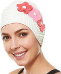 BEEMO Swim Bathing Caps for Women Latex Swim Hat Triple Flowers Long/Short Hair Sporting Goods > Outdoor Recreation > Boating & Water Sports > Swimming > Swim Caps Beemo White with Pink Flowers  