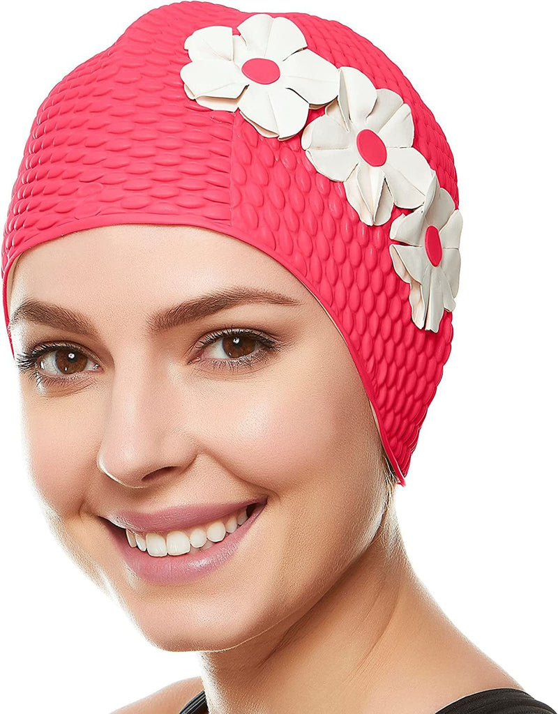 BEEMO Swim Bathing Caps for Women Latex Swim Hat Triple Flowers Long/Short Hair Sporting Goods > Outdoor Recreation > Boating & Water Sports > Swimming > Swim Caps Beemo Pink with White Flowers  