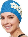 BEEMO Swim Bathing Caps for Women Latex Swim Hat Triple Flowers Long/Short Hair Sporting Goods > Outdoor Recreation > Boating & Water Sports > Swimming > Swim Caps Beemo Light Blue with White Flowers  