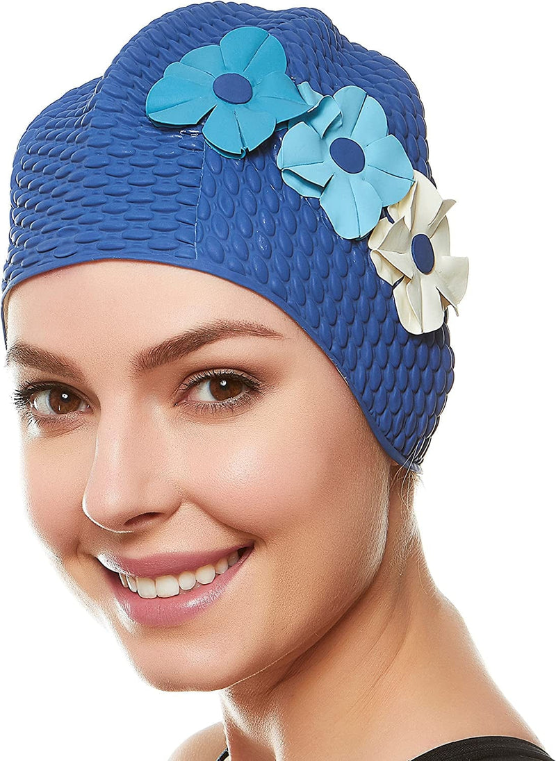 BEEMO Swim Bathing Caps for Women Latex Swim Hat Triple Flowers Long/Short Hair Sporting Goods > Outdoor Recreation > Boating & Water Sports > Swimming > Swim Caps Beemo Navy with Light Blue flowers  