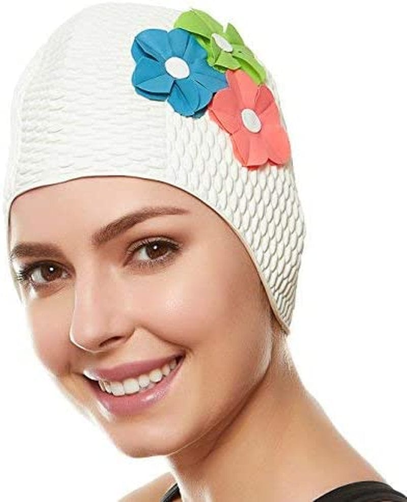 BEEMO Swim Bathing Caps for Women Latex Swim Hat Triple Flowers Long/Short Hair Sporting Goods > Outdoor Recreation > Boating & Water Sports > Swimming > Swim Caps Beemo White with Green, Blue, and Purple Flowers  
