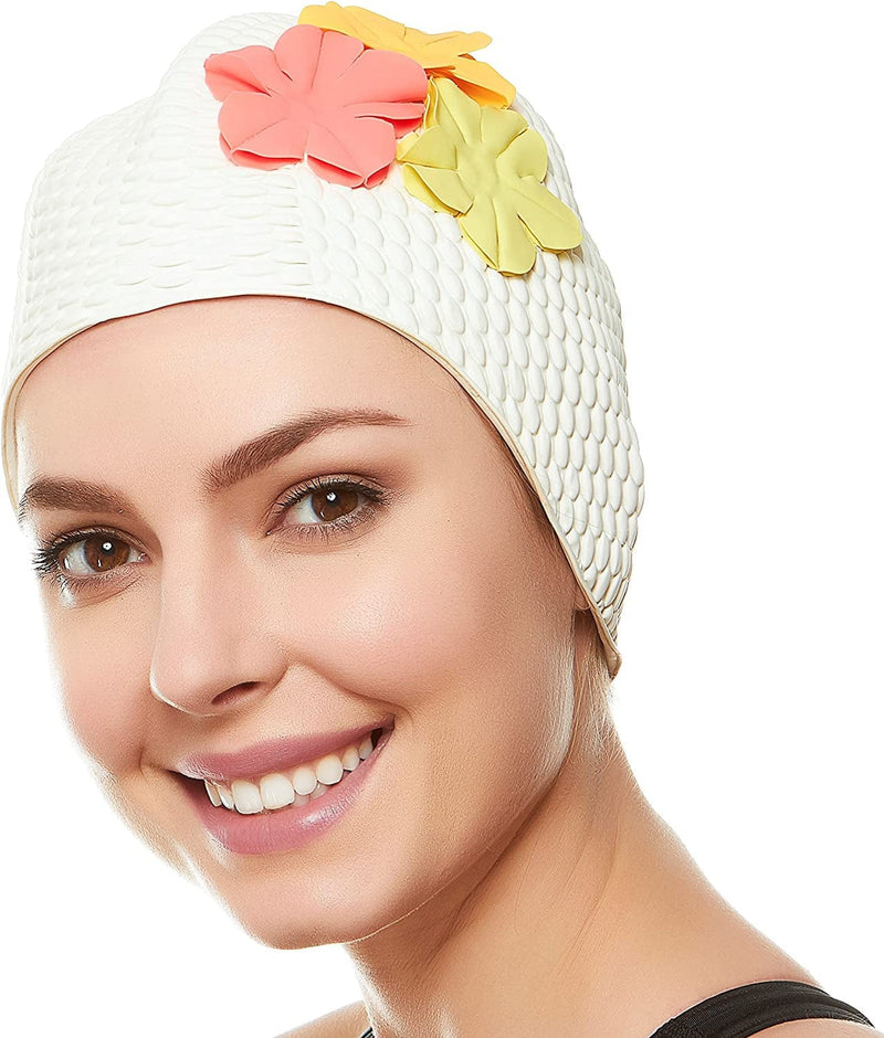 BEEMO Swim Bathing Caps for Women Latex Swim Hat Triple Flowers Long/Short Hair Sporting Goods > Outdoor Recreation > Boating & Water Sports > Swimming > Swim Caps Beemo White with Colored Flowers  