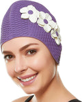 BEEMO Swim Bathing Caps for Women Latex Swim Hat Triple Flowers Long/Short Hair Sporting Goods > Outdoor Recreation > Boating & Water Sports > Swimming > Swim Caps Beemo Lavender with White Flowers  
