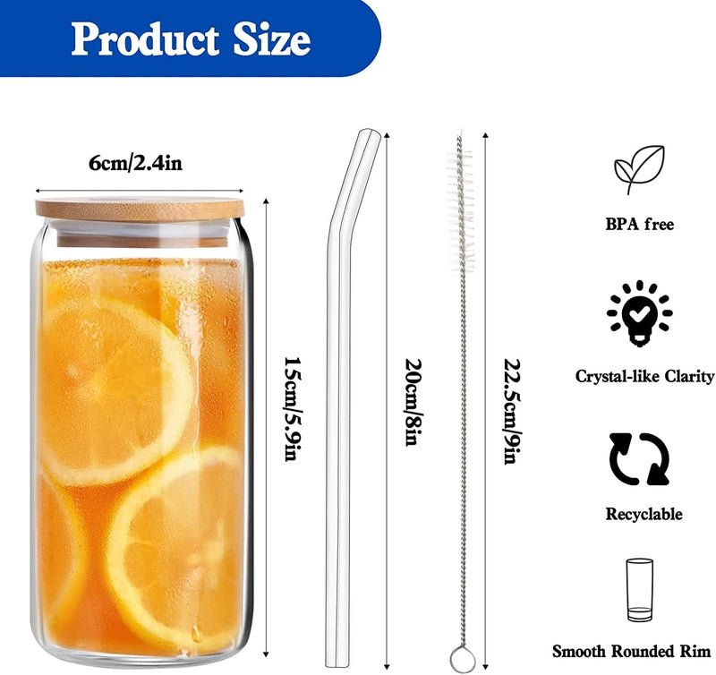 Beer Can Glass with Bamboo Lids and Glass Straws, 4 Pack 16Oz Drinking Glasses with Lids and Straws, Can Shaped Glass Cups, Iced Coffee Cup, Beer Glasses, Ideal for Water, Soda, Tea, Gift Home & Garden > Kitchen & Dining > Tableware > Drinkware Vozoka   