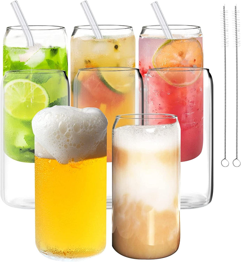 Beer Can Glass with Bamboo Lids and Glass Straws, 4 Pack 16Oz Drinking Glasses with Lids and Straws, Can Shaped Glass Cups, Iced Coffee Cup, Beer Glasses, Ideal for Water, Soda, Tea, Gift Home & Garden > Kitchen & Dining > Tableware > Drinkware Vozoka Set of 8[Without Lids]  