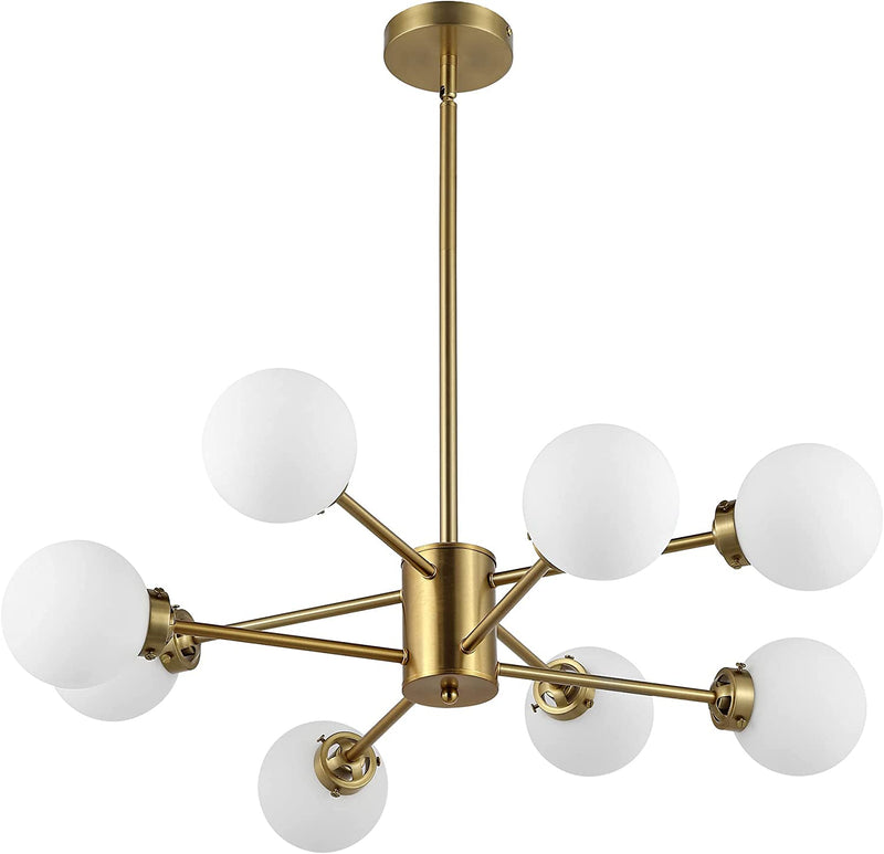 WINGBO 6-Light Modern Chandelier, Sputnik Pedant Light Fixture with Large Opal White Glass Globe Shade for Flat and Slop Ceiling, Height Adjustable for Kitchen Living Room Dining Room Bedroom, Gold