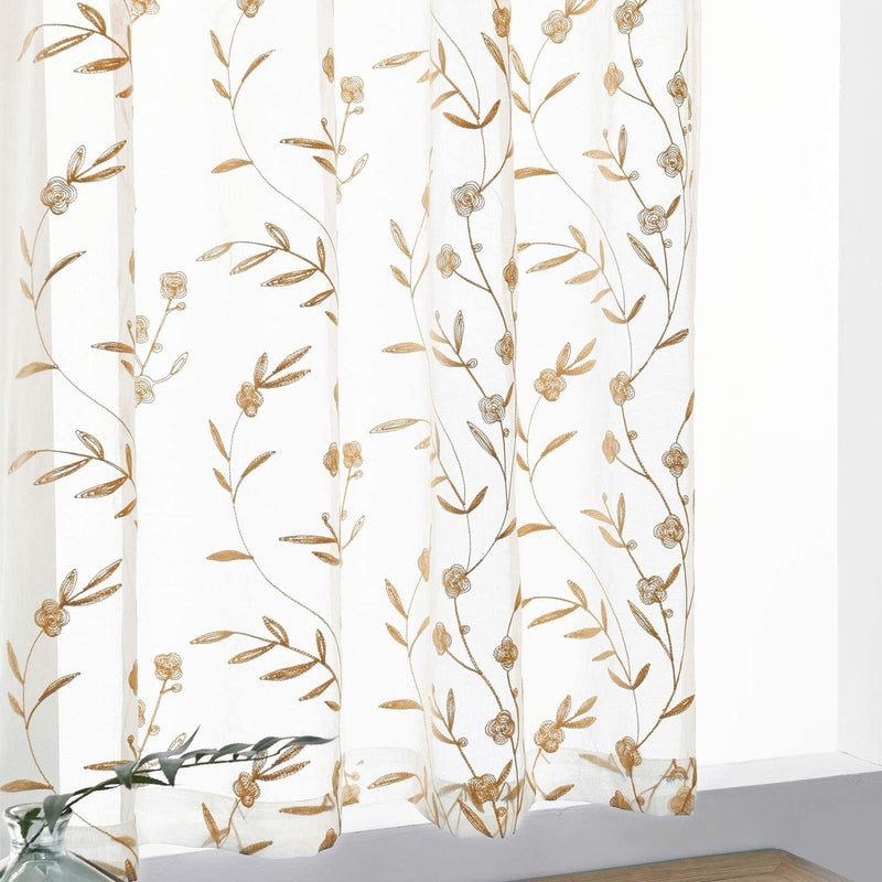 Beige Sheer Curtains Embroidery 63 Inch Length Rod Pocket Voile Drapes for Living Room, Bedroom, Window Treatments Semi Flower Pattern Curtain Panels for Kitchen, Yard, Farmhouse, Set of 2, 52"X 63". Home & Garden > Decor > Window Treatments > Curtains & Drapes MYSTIC-HOME   